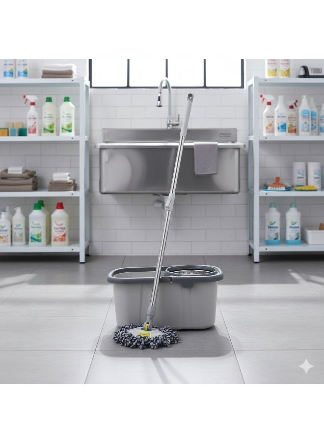 QK Exclusives- 360° Spin Mop bucket Set With Steel Bowl and Bucket System with 1 Replacement Heads, Stainless Steel Adjustable Handle - Floor Cleaning Mop for Home, Kitchen, Bathroom, Tile, Hardwood Floors – Self-Wringing, Hands-Free - Image 3